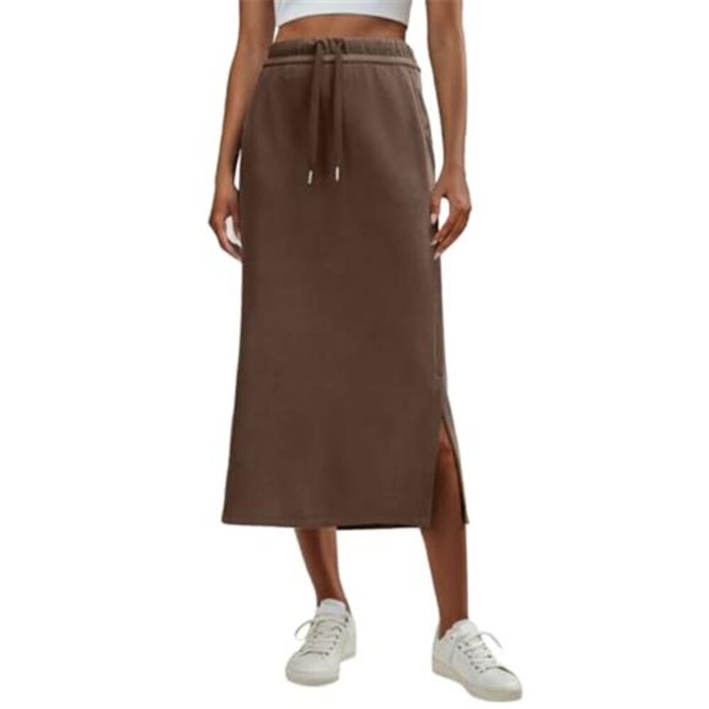 Womens High Waist Maxi Skirt Casual Long Drawstring Side Slit Skirt with Pockets